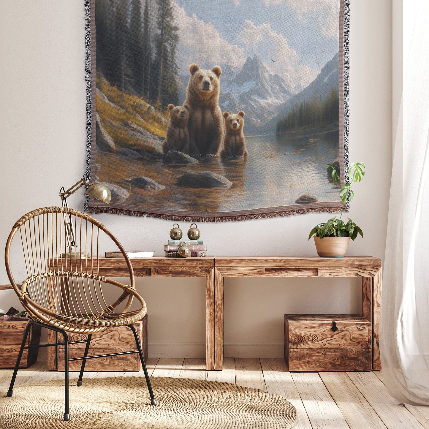 Majestic Grizzly Bears Serene Waters  Family of Bears in Front of Towering Mountains  Wildlife Art Woven Throw Blanket for Living Room & Office Decor - Awakening Righteousness