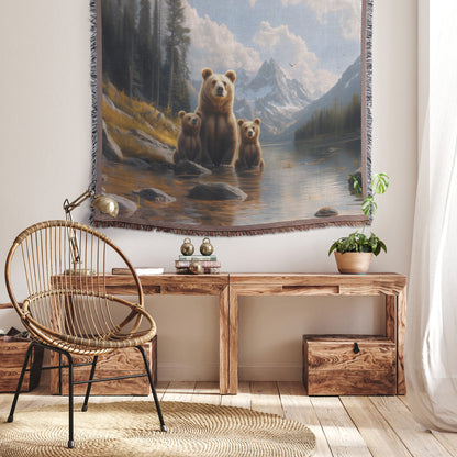 Majestic Grizzly Bears Serene Waters  Family of Bears in Front of Towering Mountains  Wildlife Art Woven Throw Blanket for Living Room & Office Decor - Awakening Righteousness