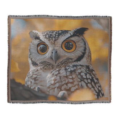 Majestic Owl on Tree Branch in Autumn  Serene Wildlife Woven Throw Blanket with Golden Leaves Fall Decor for Nature Lovers Cozy Living Room & Office Accent - Awakening Righteousness