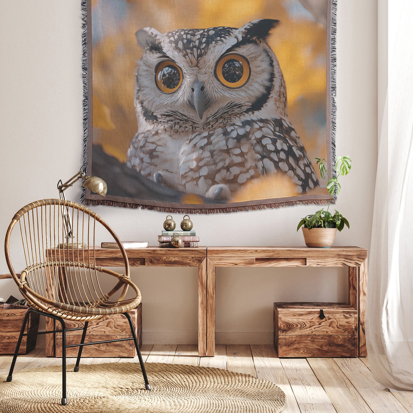 Majestic Owl on Tree Branch in Autumn  Serene Wildlife Woven Throw Blanket with Golden Leaves Fall Decor for Nature Lovers Cozy Living Room & Office Accent - Awakening Righteousness