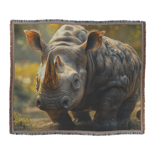 Majestic Rhinoceros Woven Throw Blanket  Powerful Wildlife Blanket with Tranquil Water and Sunlit Forest Background for Nature Lovers  Perfect for Living Room Bedroom or Study Décor - Awakening Righteousness