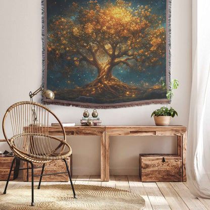 Majestic Tree of Life with Radiant Golden Leaves Christian Throw Blanket  Cozy Woven Kids Comfort Blanket  Holy Faith Inspired Healing Blanket for Children