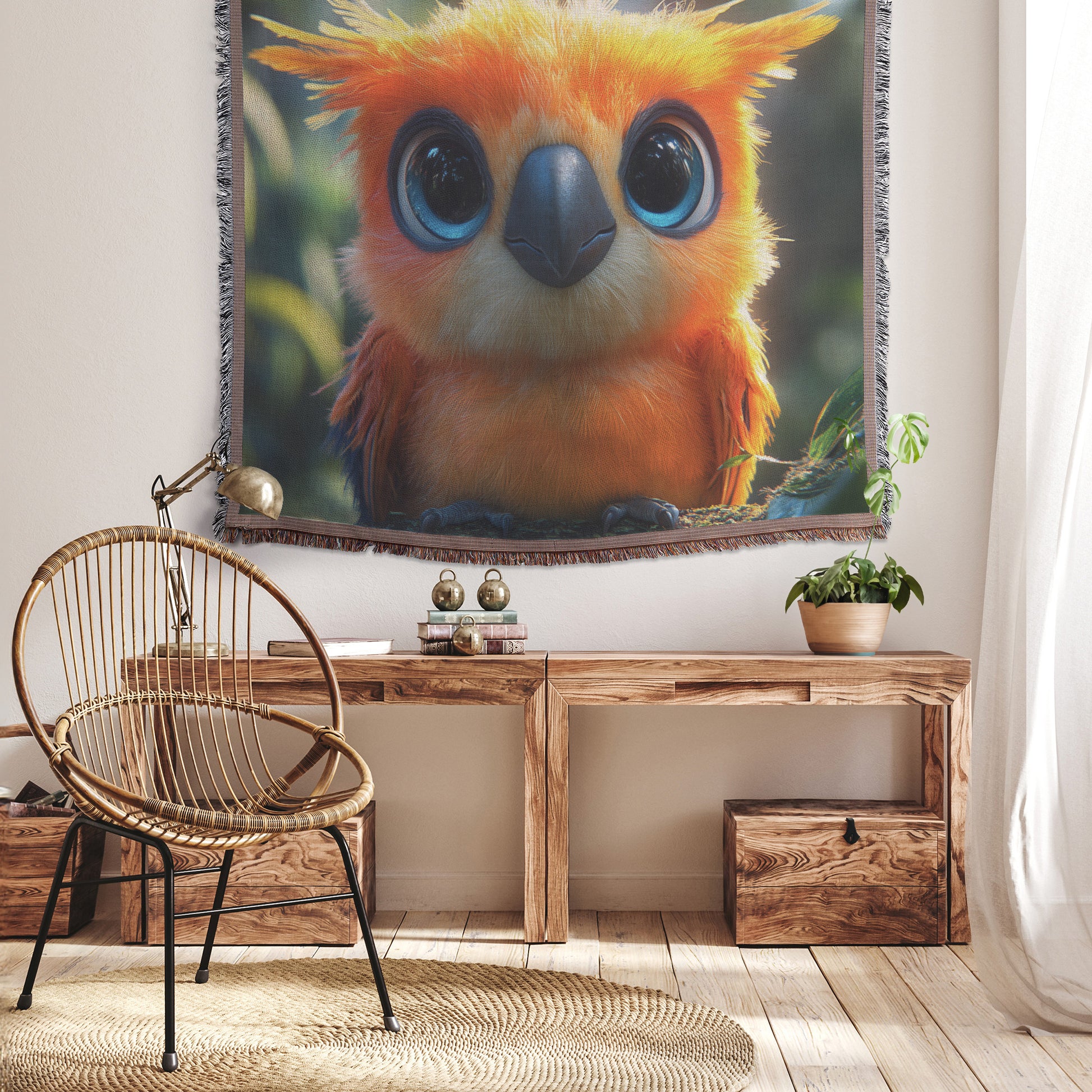 Orange Parrot in Tropical Rainforest Throw Blanket  Cozy Woven Comfort Blanket with Vibrant Wildlife Scene  Nature-Inspired Healing Blanket - Awakening Righteousness