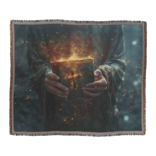 Pastor Holding A Holy Bible with Flames of Faith Throw Blanket  Cozy Woven Comfort Blanket  Christian Faith-Inspired Blanket