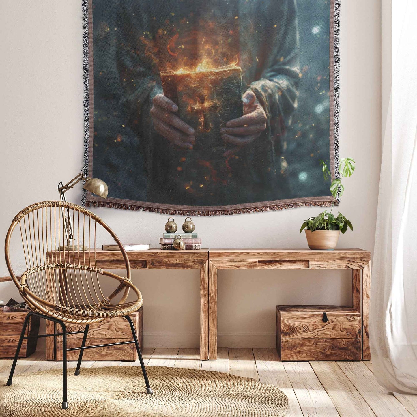 Pastor Holding A Holy Bible with Flames of Faith Throw Blanket  Cozy Woven Comfort Blanket  Christian Faith-Inspired Blanket