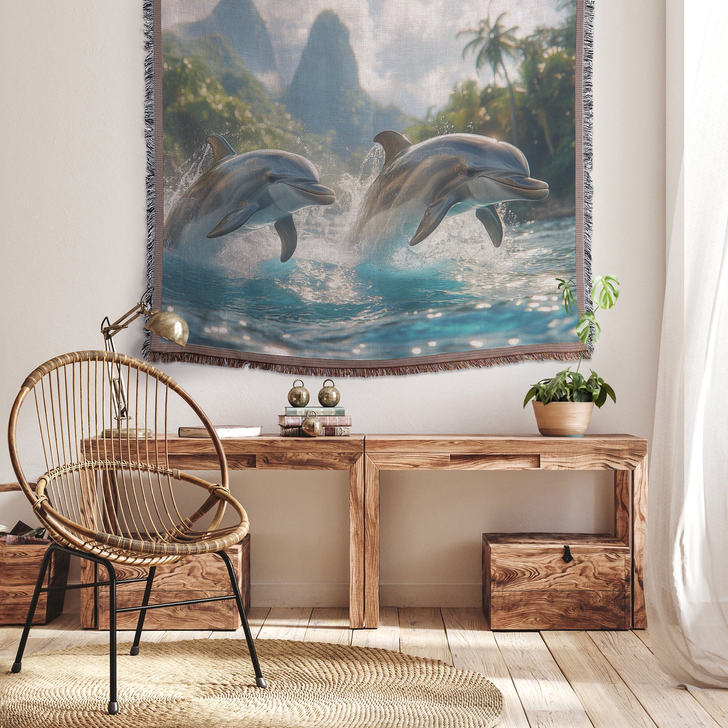 Playful Dolphins Leaping in Sunlit Lagoon Throw Blanket  Cozy Woven Comfort Blanket with Vibrant Ocean Scene  Nature-Inspired Adventure Blanket - Awakening Righteousness