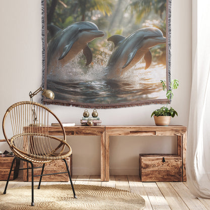 Playful Dolphins Woven Throw Blanket  Vibrant Ocean Wildlife Decor Perfect for Nature & Ocean Lovers Cozy Home Living Room or Office Accent - Awakening Righteousness