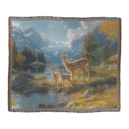 Serene Family of Deer River Woven Throw Blanket  Majestic Wildlife Art Tranquil Nature Decor Perfect for Nature Lovers Cabin Home or Office Accent - Awakening Righteousness