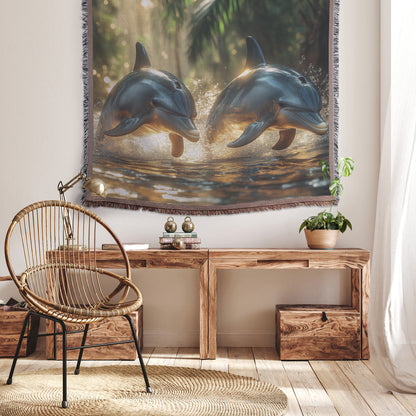 Serene Jungle River with Leaping Dolphins  Vibrant Tropical Nature Woven Throw Blanket  Perfect Home Décor for Ocean and Wildlife Enthusiasts - Awakening Righteousness