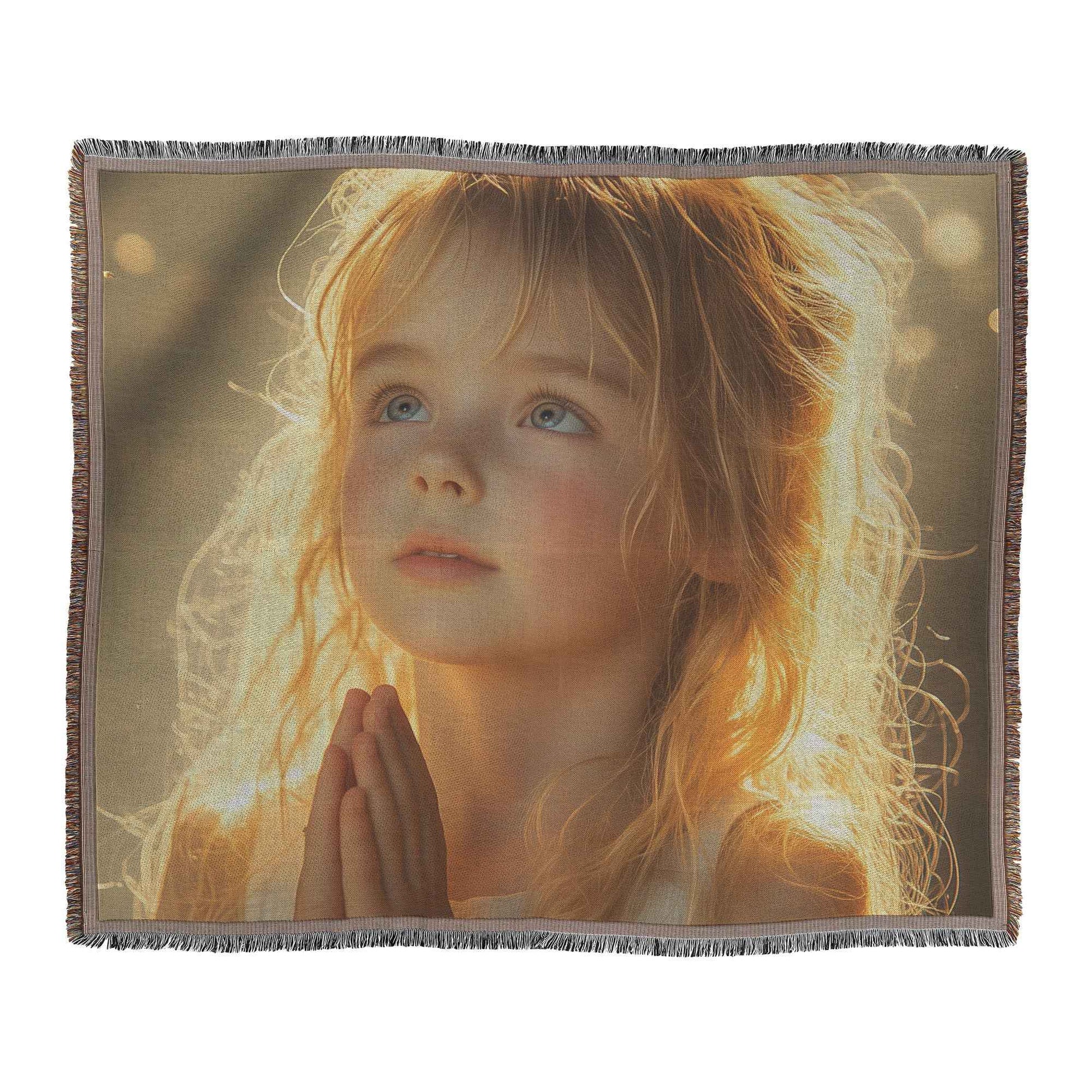 Serene Little Girl in Prayer Christian Throw Blanket  Cozy Woven Kids Comfort Blanket  Holy Faith Inspired Healing Blanket for Children