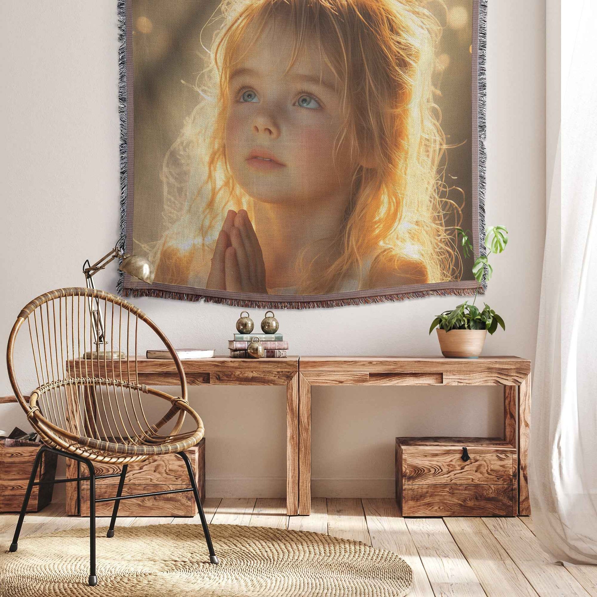 Serene Little Girl in Prayer Christian Throw Blanket  Cozy Woven Kids Comfort Blanket  Holy Faith Inspired Healing Blanket for Children