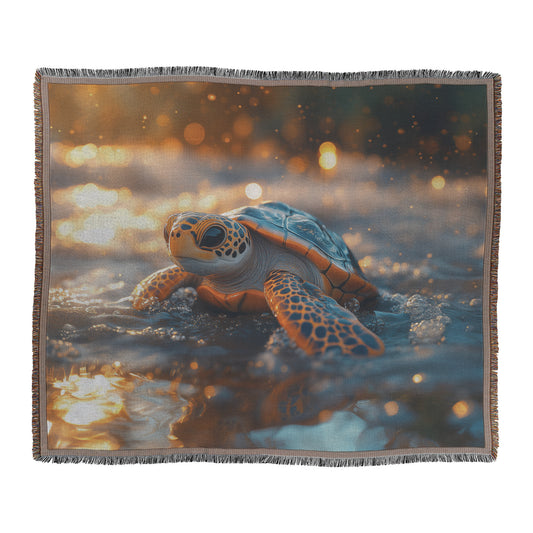 Serene Turtle Woven Throw Blanket  Ocean Wildlife Blanket with Golden Sunset and Peaceful Turtle Journey for Nature Lovers  Perfect for Living Room Bedroom or Coastal Décor - Awakening Righteousness