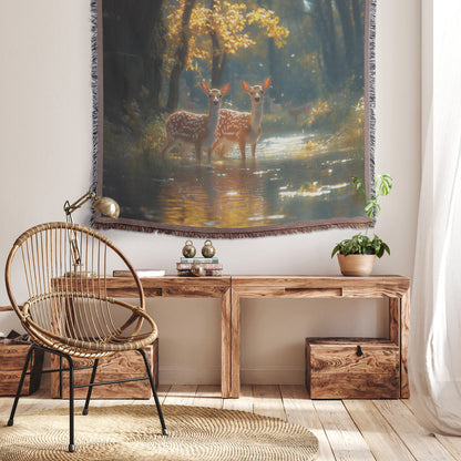 Serene White-Tailed Deer in Autumn Stream Woven Throw Blanket  Nature-Inspired Wildlife Art Perfect for Animal Lovers Cozy Home Living Room or Office Accent - Awakening Righteousness