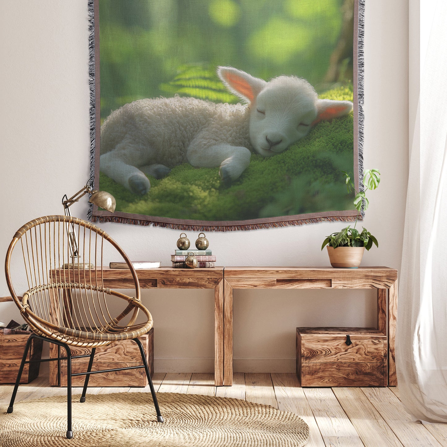 Sleeping Baby Lamb on Moss Throw Blanket Cozy Woven Kids Comfort Blanket with Peaceful Forest Scene Blanket for Children - Awakening Righteousness