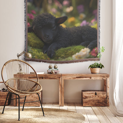 Sleeping Black Lamb in Enchanted Garden Throw Blanket  Cozy Woven Kids Comfort Blanket with Peaceful Nature Scene  Holy Faith Inspired Prayer Healing Blanket for Children - Awakening Righteousness