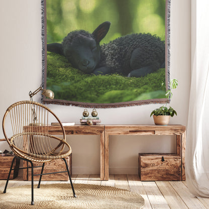 Sleeping Black Lamb on Moss Throw Blanket  Cozy Woven Kids Comfort Blanket with Peaceful Forest Scene  Holy Faith Inspired Prayer Healing Blanket for Children - Awakening Righteousness