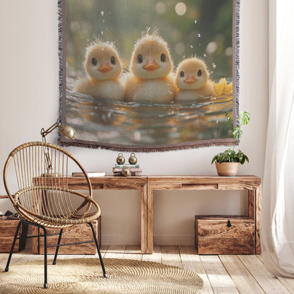 Three Playful Ducklings Throw Blanket  Cozy Woven Kids Comfort Blanket with Joyful Innocence  Nature-Inspired Prayer Healing Blanket for Children - Awakening Righteousness