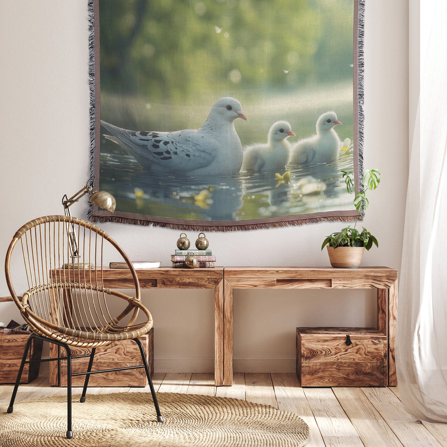 White Dove and Baby Ducks Woven Throw Blanket Serene Spring Scene with Lush Trees Flowers and Sparkling Lake for Nature Lovers - Awakening Righteousness