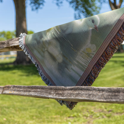 White Dove and Baby Ducks Woven Throw Blanket Serene Spring Scene with Lush Trees Flowers and Sparkling Lake for Nature Lovers - Awakening Righteousness