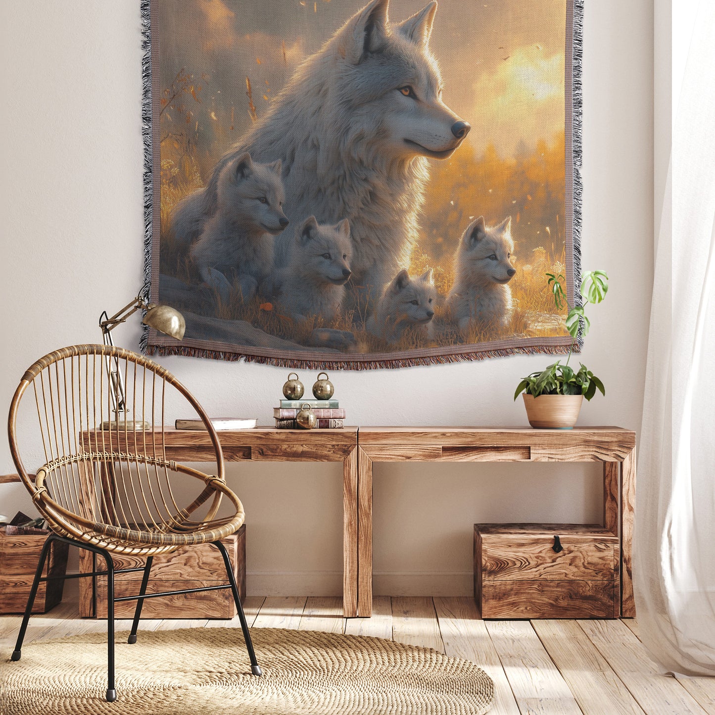 White Wolf Family Sunset Throw Blanket Cozy Woven Kids Comfort Blanket with Natures Tranquility Peaceful Wildlife Inspired Blanket for Children - Awakening Righteousness