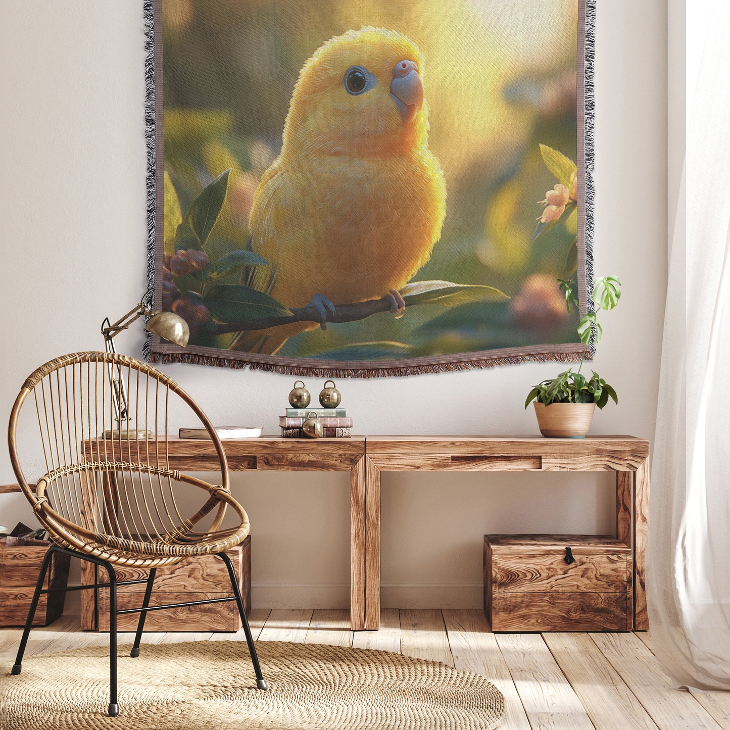 Yellow Parrot in Apple Tree Christian Throw Blanket  Cozy Woven Kids Comfort Blanket with Serenity  Holy Faith Inspired Prayer Healing Blanket for Children - Awakening Righteousness