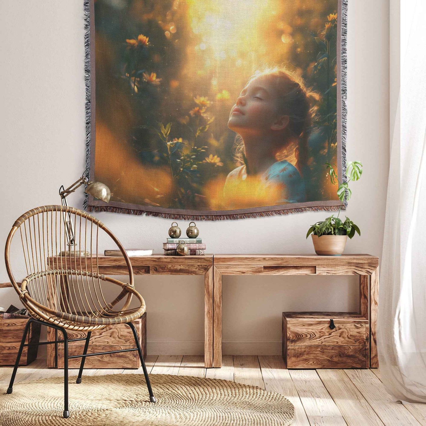 Young Girl in Blooming Garden Christian Throw Blanket  Cozy Woven Kids Comfort Blanket  Holy Faith Inspired Healing Blanket for Children
