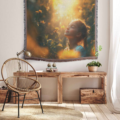 Young Girl in Blooming Garden Christian Throw Blanket  Cozy Woven Kids Comfort Blanket  Holy Faith Inspired Healing Blanket for Children