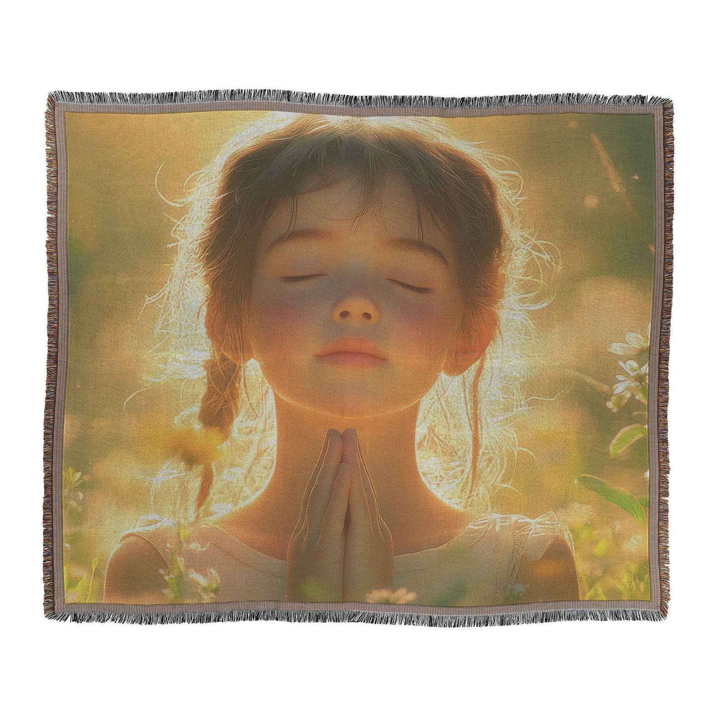 Young Girl in Prayer Amidst Flowers Christian Throw Blanket  Cozy Woven Comfort Blanket  Holy Faith Inspired Healing Blanket