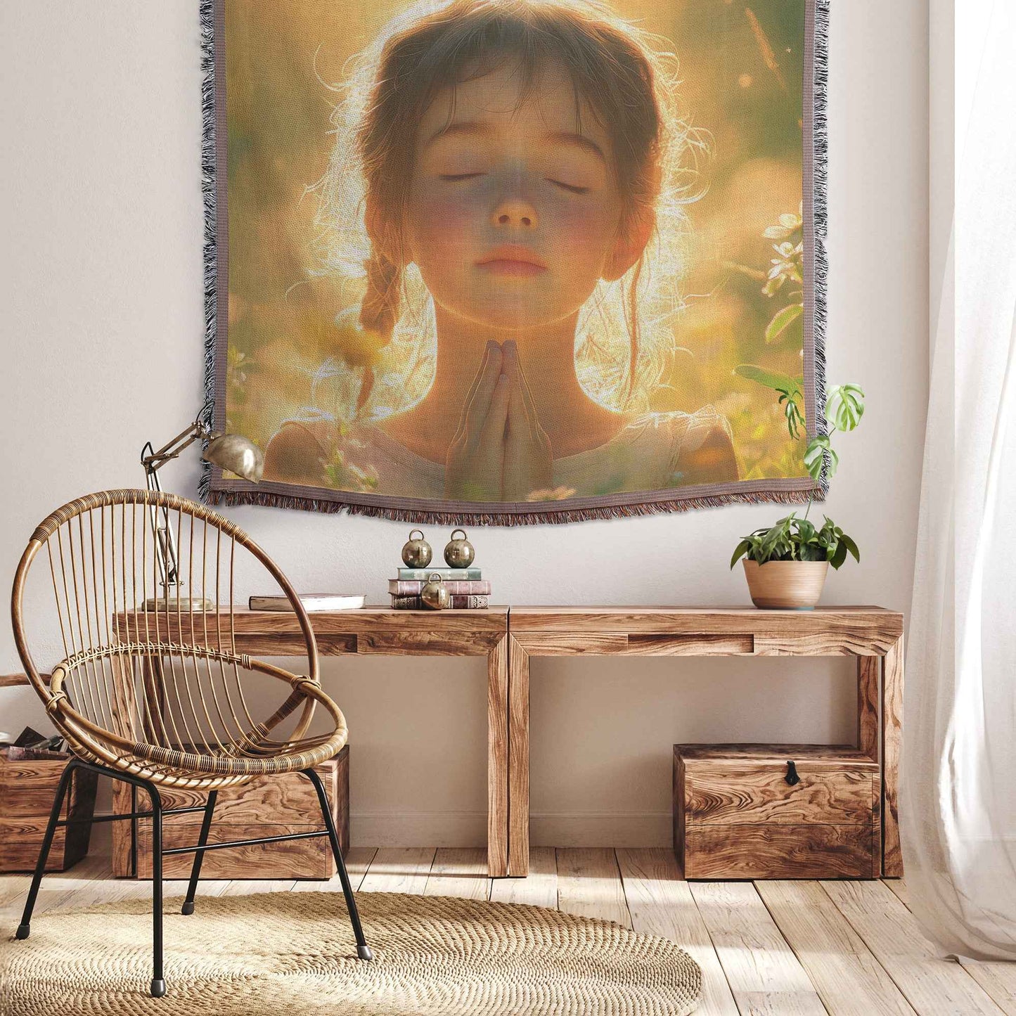 Young Girl in Prayer Amidst Flowers Christian Throw Blanket  Cozy Woven Comfort Blanket  Holy Faith Inspired Healing Blanket