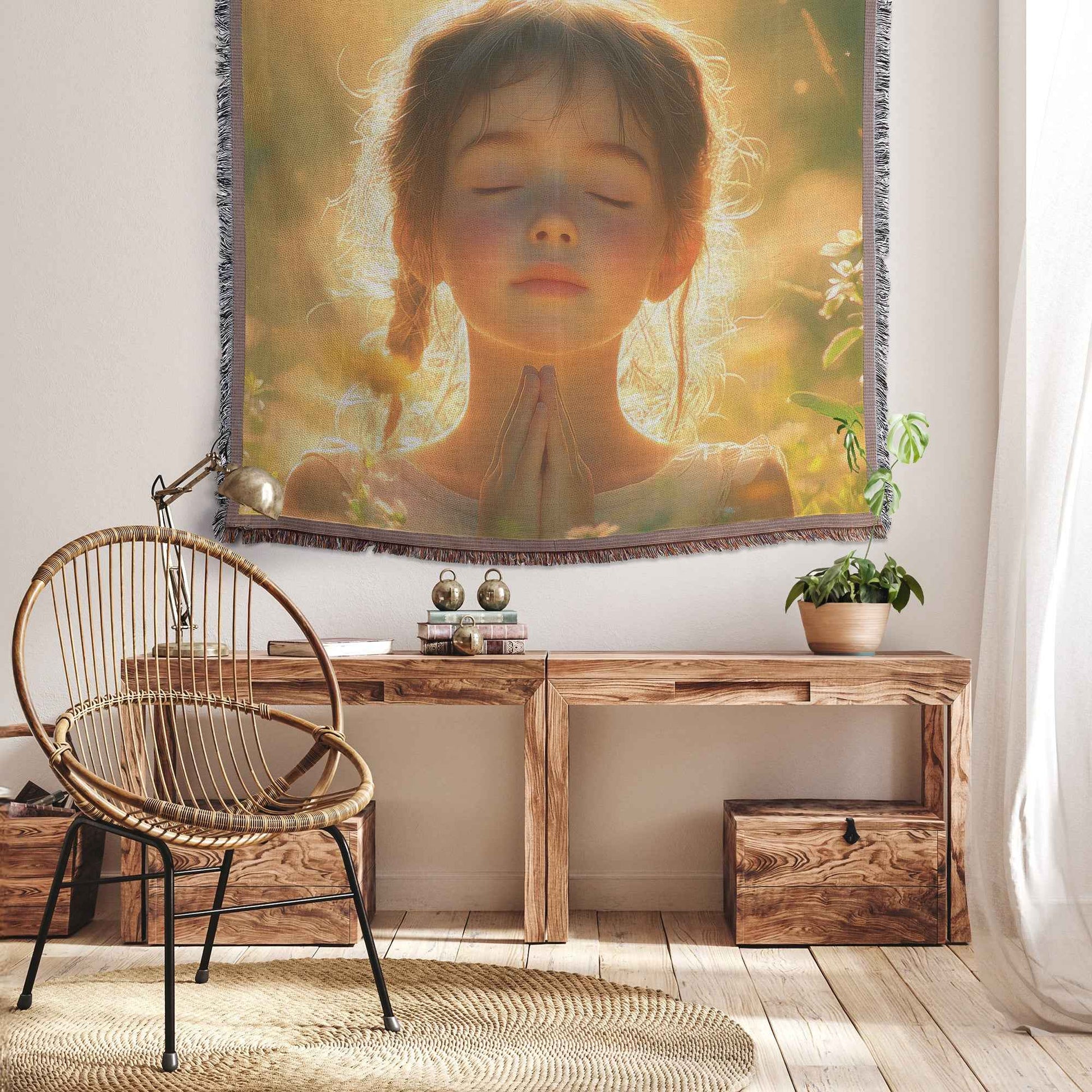 Young Girl in Prayer Amidst Flowers Christian Throw Blanket  Cozy Woven Comfort Blanket  Holy Faith Inspired Healing Blanket