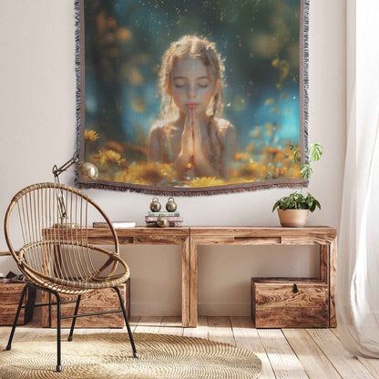 Young Girl in Prayer Among Vibrant Yellow Dandelions Christian Throw Blanket  Cozy Woven Kids Comfort Blanket with Hope  Holy Faith Inspired Prayer Healing Blanket for Children