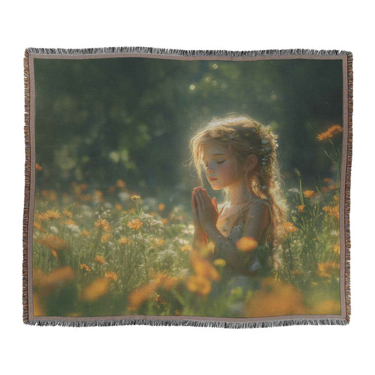 Young Girl Praying in a Serene Garden Christian Throw Blanket  Cozy Woven Kids Comfort Blanket  Holy Faith Inspired Healing Blanket for Children Awakening Righteousnes