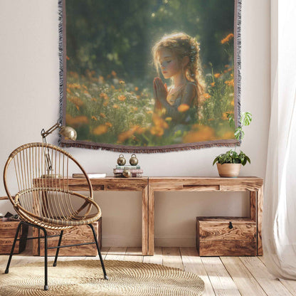 Young Girl Praying in a Serene Garden Christian Throw Blanket  Cozy Woven Kids Comfort Blanket  Holy Faith Inspired Healing Blanket for Children Awakening Righteousnes