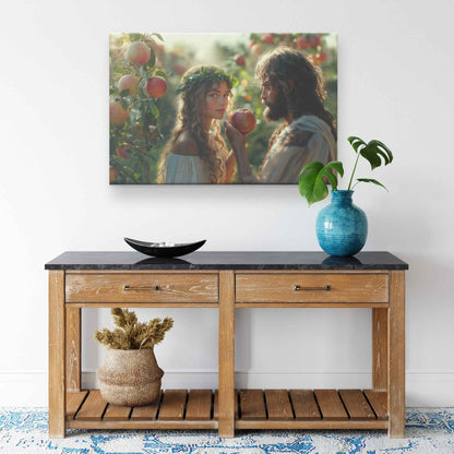 Adam and Eve A Breathtaking Portrait in the Lush Garden of Eden   Christian Canvas Wall Art Decor