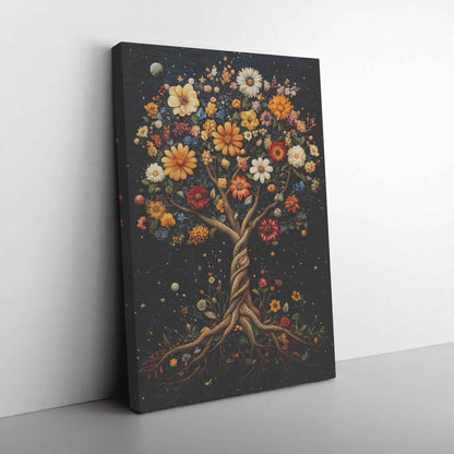 Enchanted Tree of Life Starlit Roots and Golden Leaves With Flowers In the Garden of Eden   Christian Canvas Art Decor
