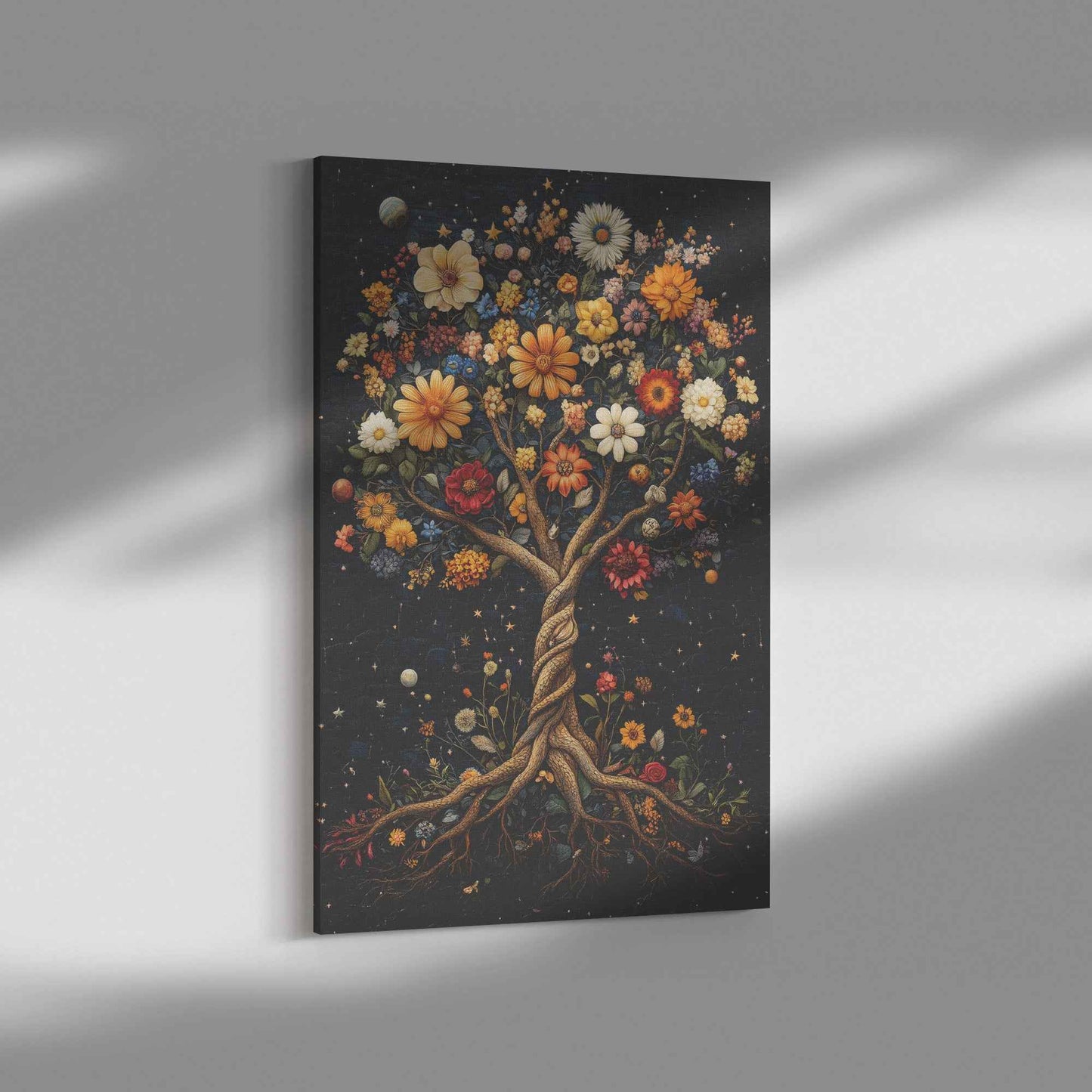 Enchanted Tree of Life Starlit Roots and Golden Leaves With Flowers In the Garden of Eden   Christian Canvas Art Decor