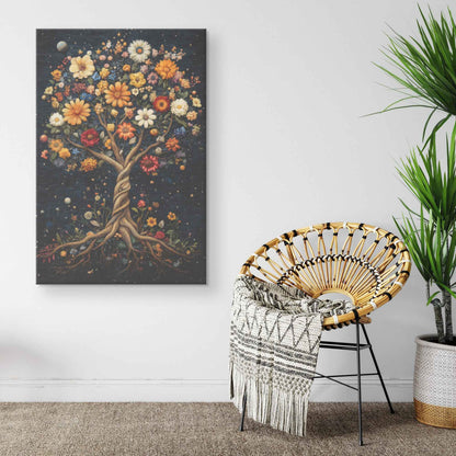 Enchanted Tree of Life Starlit Roots and Golden Leaves With Flowers In the Garden of Eden   Christian Canvas Art Decor