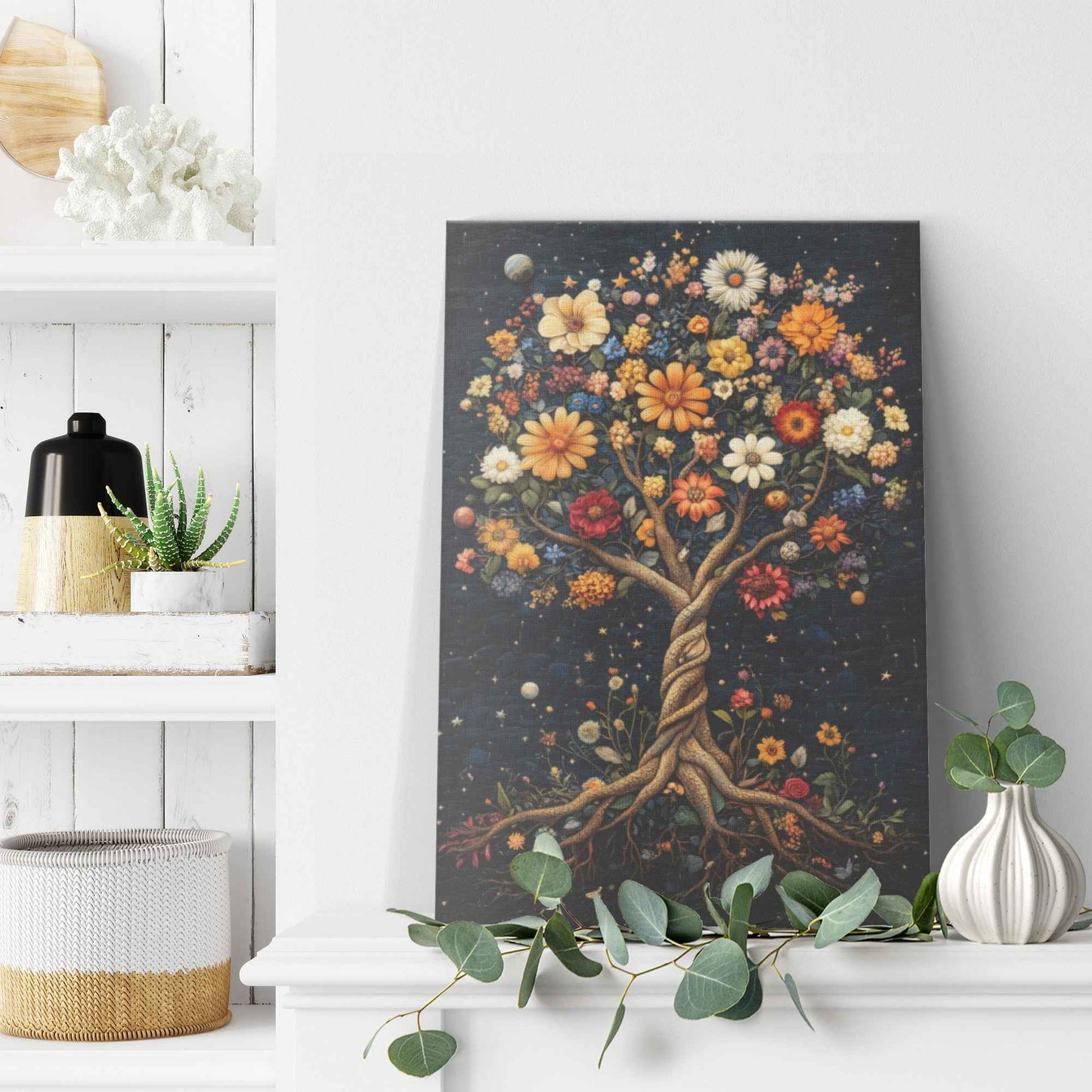 Enchanted Tree of Life Starlit Roots and Golden Leaves With Flowers In the Garden of Eden   Christian Canvas Art Decor