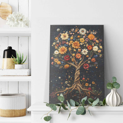 Enchanted Tree of Life Starlit Roots and Golden Leaves With Flowers In the Garden of Eden   Christian Canvas Art Decor