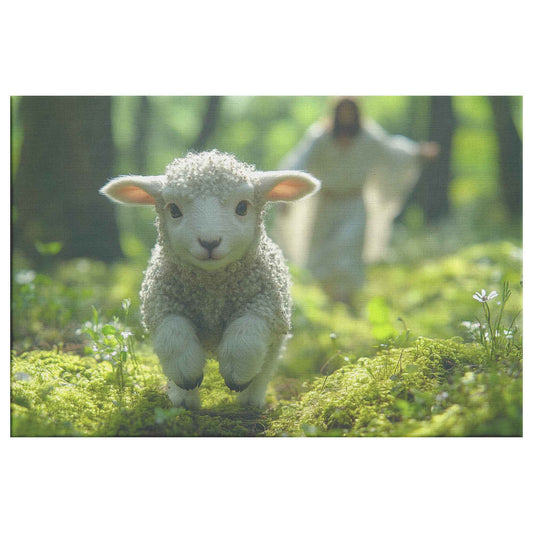 Joyful Journey Lamb's Innocence in Nature's Embrace With Jesus Christ Running Towards Him   Christian Canvas Wall Art Decor