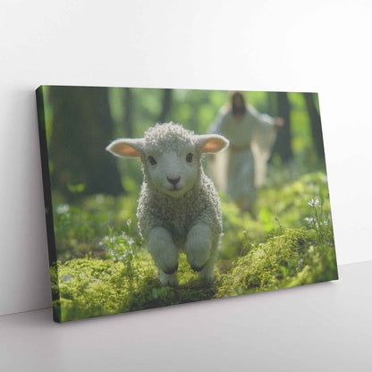 Joyful Journey Lamb's Innocence in Nature's Embrace With Jesus Christ Running Towards Him   Christian Canvas Wall Art Decor