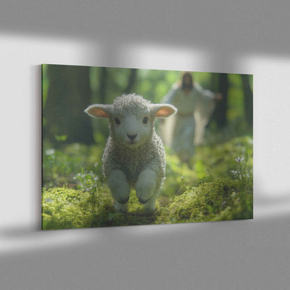 Joyful Journey Lamb's Innocence in Nature's Embrace With Jesus Christ Running Towards Him   Christian Canvas Wall Art Decor