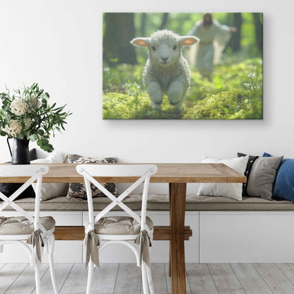 Joyful Journey Lamb's Innocence in Nature's Embrace With Jesus Christ Running Towards Him   Christian Canvas Wall Art Decor