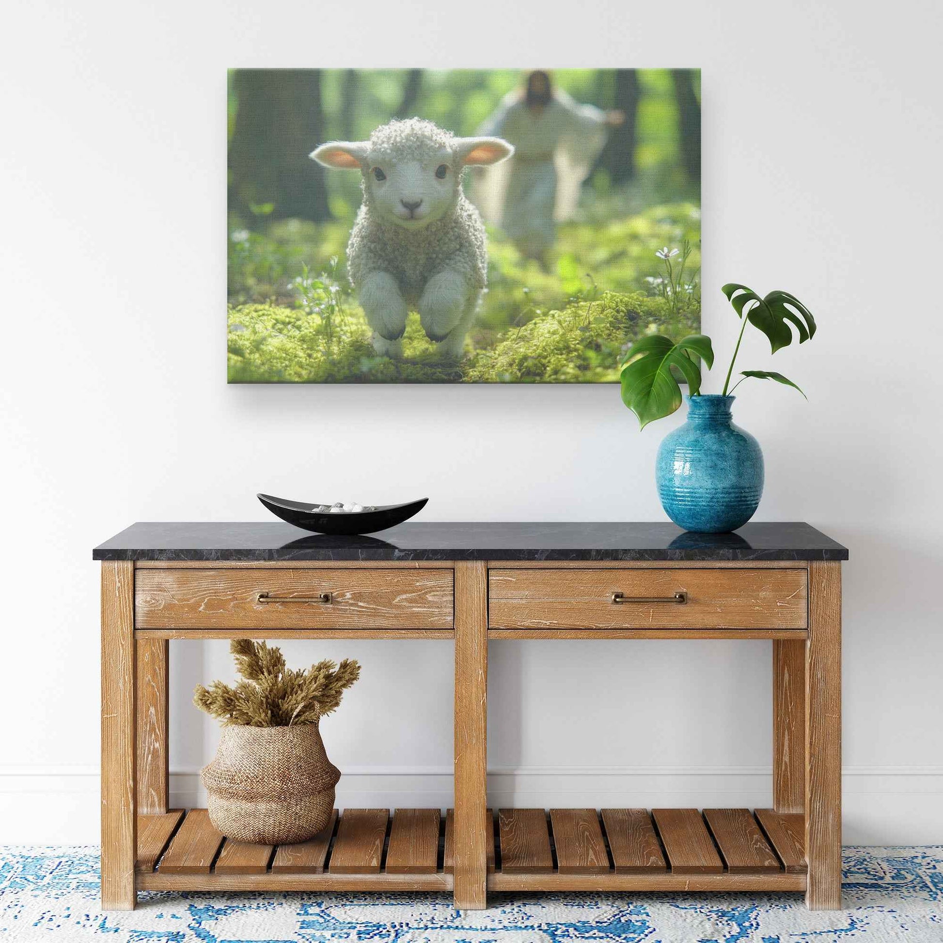 Joyful Journey Lamb's Innocence in Nature's Embrace With Jesus Christ Running Towards Him   Christian Canvas Wall Art Decor