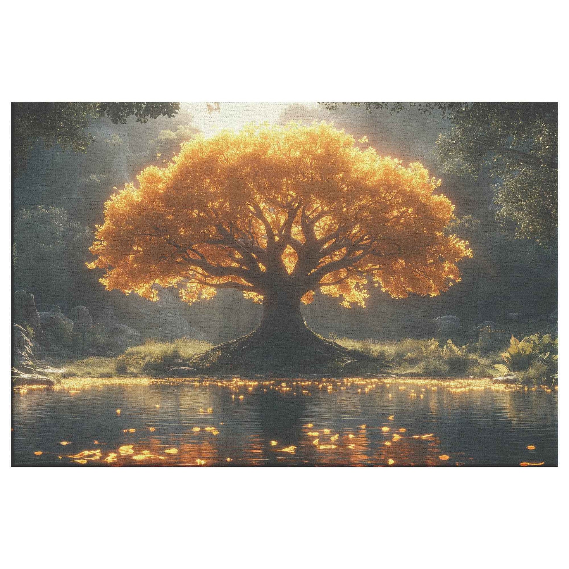 Majestic Tree of Life Golden Leaves an Enchanted Lake   Nature Canvas Wall Art Decor