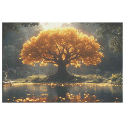 Majestic Tree of Life Golden Leaves an Enchanted Lake   Nature Canvas Wall Art Decor