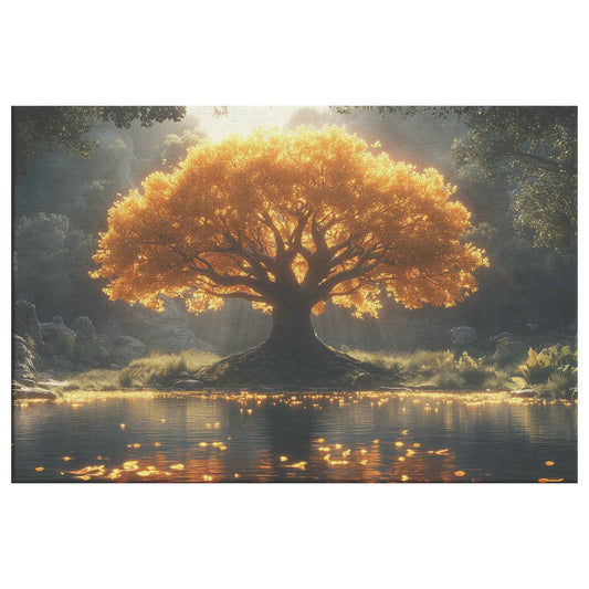 Majestic Tree of Life Golden Leaves an Enchanted Lake   Nature Canvas Wall Art Decor