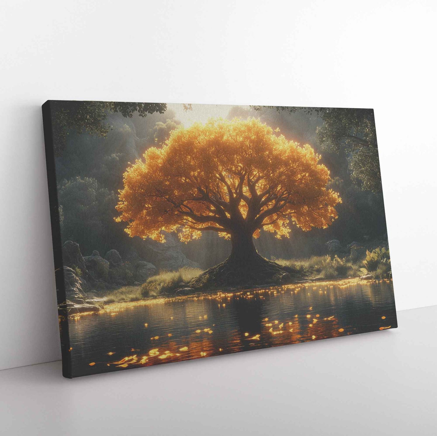 Majestic Tree of Life Golden Leaves an Enchanted Lake   Nature Canvas Wall Art Decor