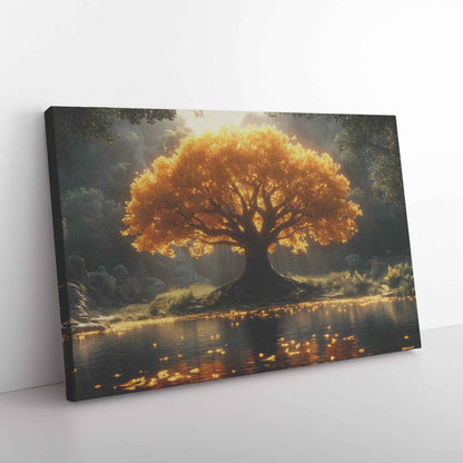 Majestic Tree of Life Golden Leaves an Enchanted Lake   Nature Canvas Wall Art Decor