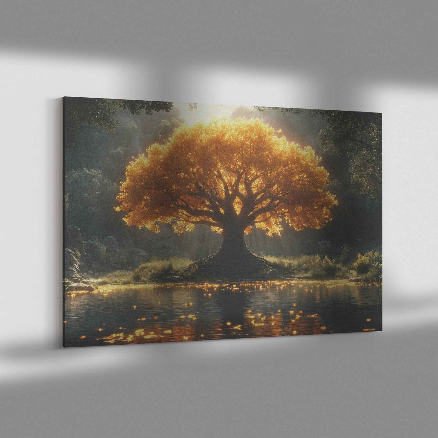 Majestic Tree of Life Golden Leaves an Enchanted Lake   Nature Canvas Wall Art Decor